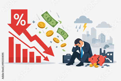Financial Crisis and Economic Recession Concept with Stressed Businessman Sitting by Broken Piggy Bank, Falling Money, and Red Downward Percentage Arrow Representing Market Crash and Failure