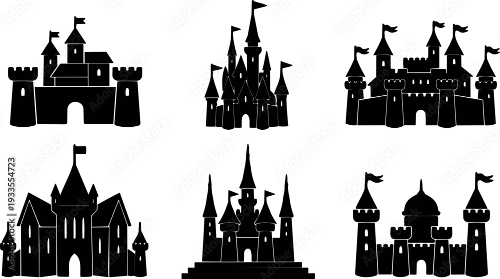 Naklejka premium Silhouette style flat design castle icons six views arranged grid with flags turrets gates in bold black vector isolated set