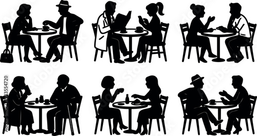 Silhouette vector side view multiple couples conversing at cafe tables drinking coffee reading menus casual daytime social scene warm friendly
