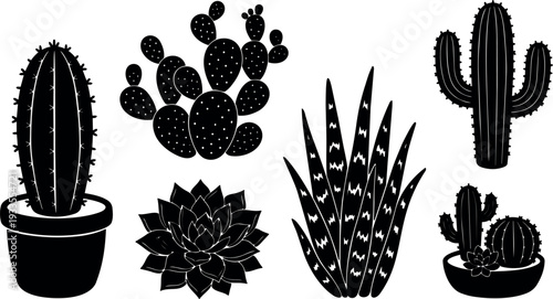 Minimalist flat vector set of potted cactus and succulent silhouettes six elements side view black on white isolated clean outline