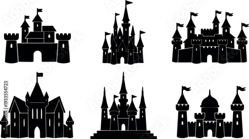 Silhouette style flat design castle icons six views arranged grid with flags turrets gates in bold black vector isolated set