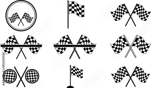Racing checkered flag silhouette vector set, finish line and motorsport symbols illustration, black and white speed competition icons for events branding