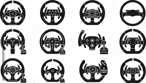 Racing steering wheel controller silhouette vector set, gaming driving simulator icons collection for esports, arcade racing, console games, motorsport design