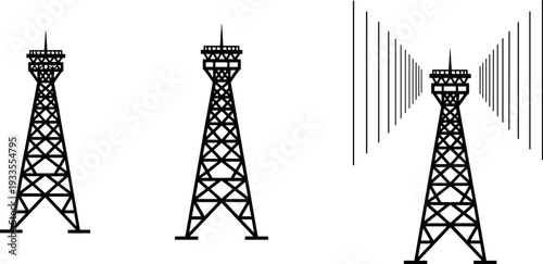 Radio transmission tower silhouettes set, broadcasting signal masts with waves, black vector illustration for telecommunications, wireless network, radio communication concepts