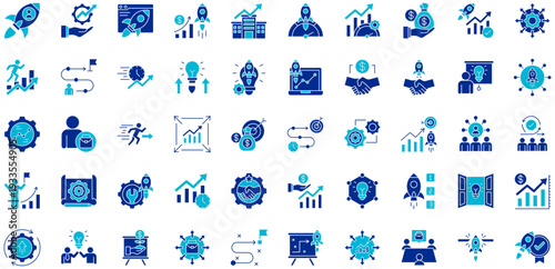 Business Accelerator dual tone style icon collection. Vector illustrations. Startup Launch, Fast Growth, Business Scaling, Acceleration, Venture Capital, Funding. Pro Vector