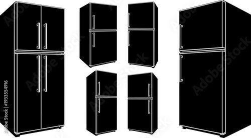 Refrigerator vector illustration set, modern kitchen fridge icons in multiple perspectives, black silhouette household appliance collection isolated on white background