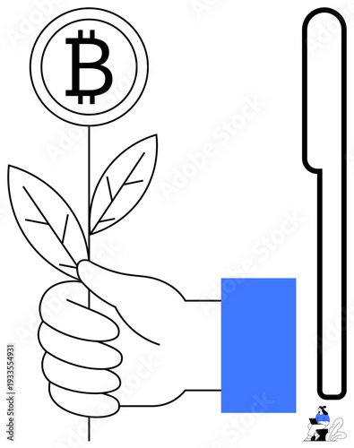 Bitcoin growth concept. Bitcoin portrayed as a coin blooming from a plant held in a hand, investment and innovation. Bitcoin investment, economic sustainability, blockchain technology, cryptocurrency