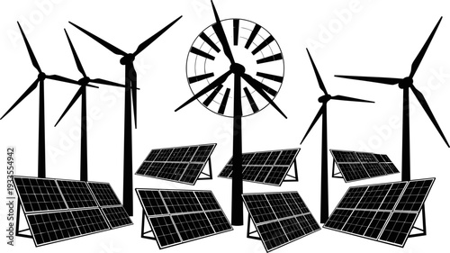 Renewable energy illustration with wind turbines, solar panels, sustainability concept, eco-friendly power sources, clean technology, green future, climate action, environment