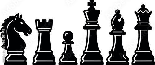 Flat design side view black chess pieces lineup close up vector art classic knight rook pawn bishop queen king silhouette