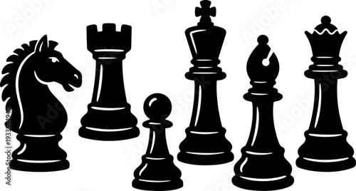 Flat vector silhouette close up chess pieces knight rook pawn bishop queen king arrangement with glossy highlight mood strategic elegant