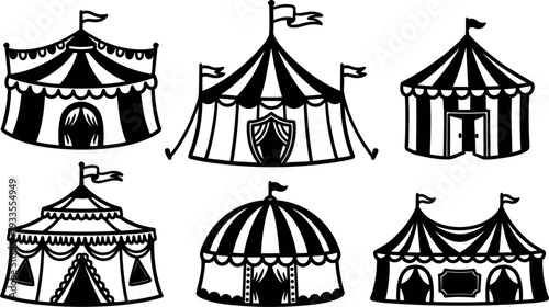 Hand drawn retro circus tent set six black and white marquee icons top flags entrances side view vector illustration stylized