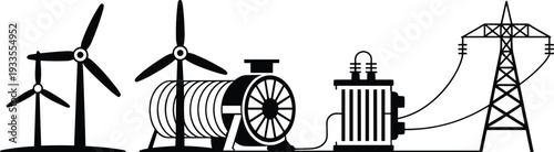 Renewable energy power generation vector illustration, wind turbine and electric generator system, sustainable electricity production, clean technology concept, eco energy design