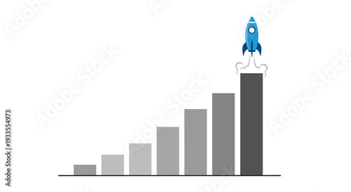 A vibrant blue rocket with exhaust smoke launches upwards from the pinnacle of a steadily increasing grayscale bar chart, indicating strong progress.