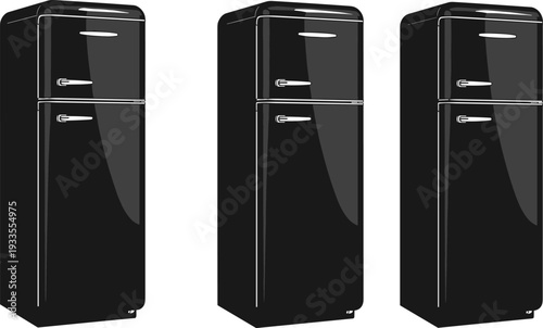 Retro refrigerator illustration, vintage kitchen appliance vector, glossy black fridge design, chrome handles, nostalgic home decor, stylish retro freezer refrigerator artwork