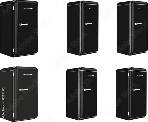 Retro refrigerator silhouette vector illustration set, vintage kitchen appliance designs, classic fridge models collection, black household equipment icons for interior, branding, product design