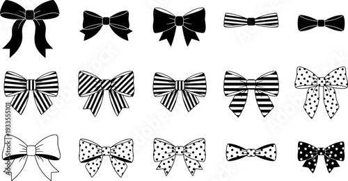 Ribbon bow silhouettes collection, decorative black bows set, vector illustration isolated on white background for gift wrapping fashion design projects