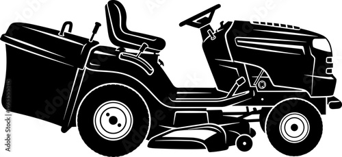 Riding lawn mower silhouette, garden equipment vector, landscaping machine icon, black and white mower, outdoor maintenance, yard care illustration