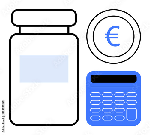 Healthcare budgeting, financial planning, medical expenses, pharmaceutical pricing, economic solutions, cost analysis. Pill bottle, euro coin and calculator. Healthcare budgeting and financial