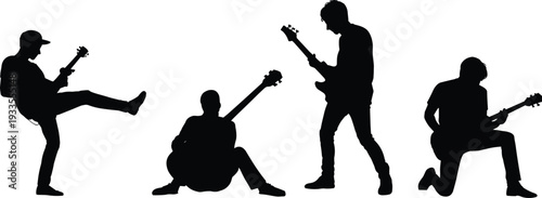 Rock band guitarist silhouettes performing live concert, energetic musician poses with electric guitars, creative vector illustration for music, performance, entertainment, and stage art design