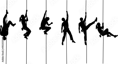 Rock climbing and rope access silhouettes showing climbers ascending and descending vertically, adventure sport training poses, safety equipment action, black vector illustration isolated