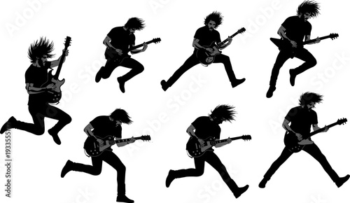 Rock guitarist jumping silhouettes in dynamic poses, electric guitar performance, high energy music action, black vector illustration isolated on white background
