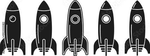 Rocket ship silhouettes collection, space launch icons set, futuristic spacecraft symbols, black vector illustration isolated on white background, minimalist science technology design