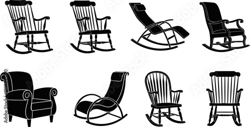 Rocking chair silhouette vector set, classic wooden and modern lounge rockers illustration, black and white furniture collection for interior design, home decor graphics