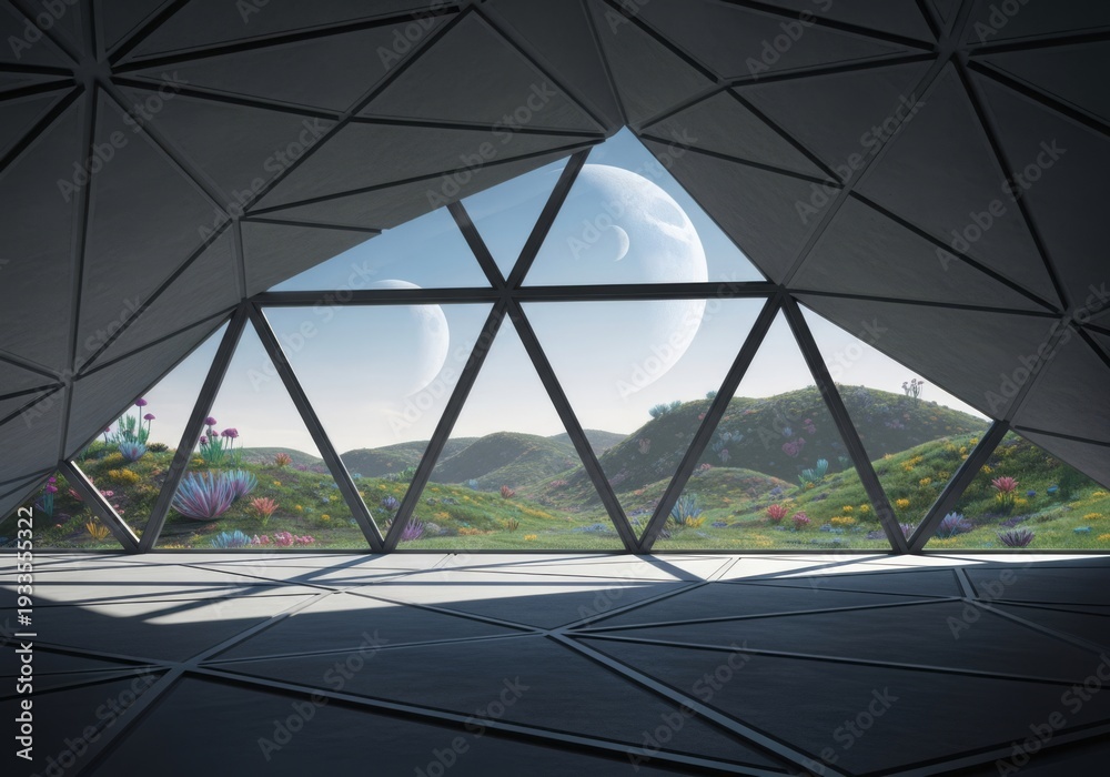 Obraz premium From inside a sleek geodesic dome, a panoramic window reveals lush extraterrestrial hills, exotic flowers, and twin moons, inspiring futuristic travel fantasies.