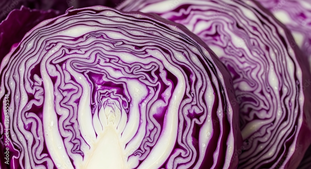 Obraz premium Sliced Red Cabbage: A close-up shot reveals the intricate pattern and vibrant hues of sliced red cabbage, showcasing its natural beauty and culinary potential.