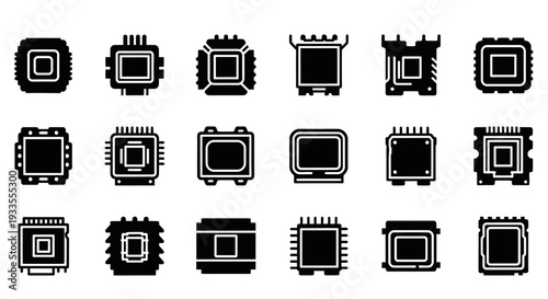 Collection of various microchip icons displayed on a clean white background from a straightforward viewpoint
