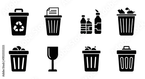 Collection of waste disposal icons representing recycling and trash management concepts in a simple, monochrome style