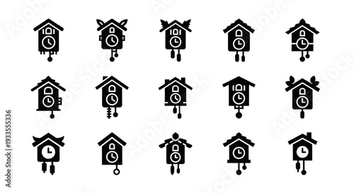 Collection of Various Birdhouse Icons with Clocks in Simple Design Style