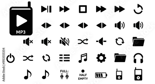 Collection of black icons representing various music and audio controls displayed on a clean white background from a straightforward viewpoint