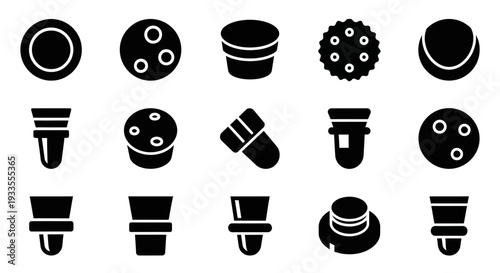 A collection of black icons depicting various objects and shapes on a white background viewed from directly above