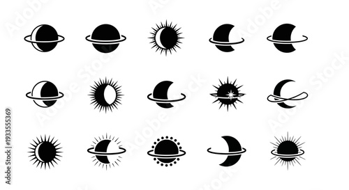 Collection of celestial body illustrations showcasing various planets, moons, and suns in different phases and styles