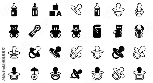 Collection of baby care icons displayed in a grid layout on a simple background