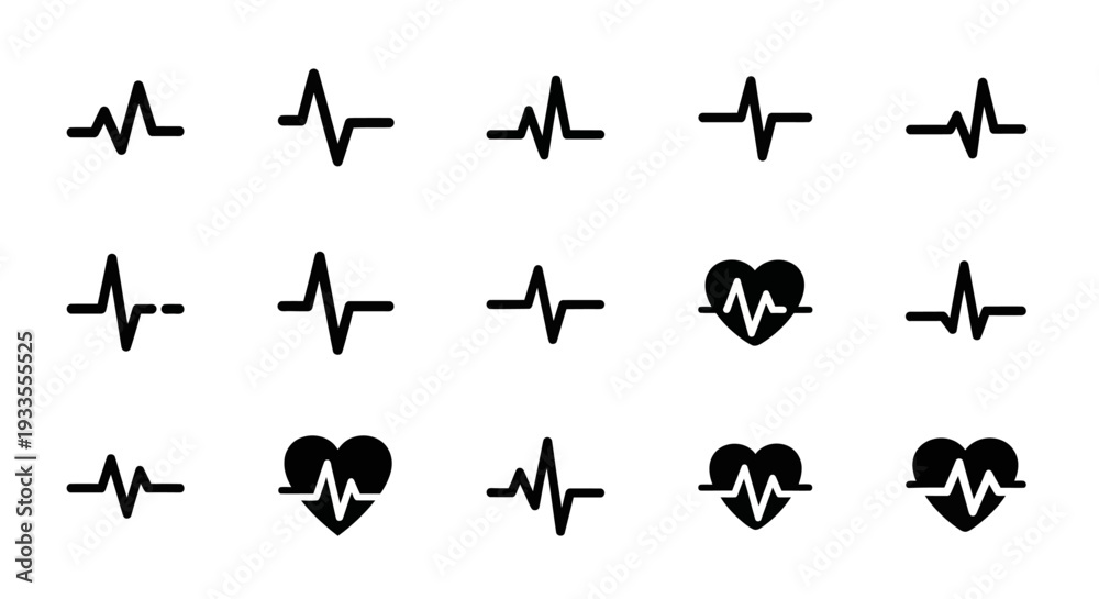 Fototapeta premium Collection of Heartbeat and Heart Icons in Various Combinations on a Plain Background from a Direct Viewpoint
