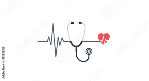 A stylish gray and black stethoscope lies over a blue pulse line that ends with a clear red heart, indicating careful attention to heart health.