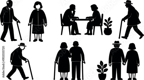 Silhouette vector elderly couples and seniors walking sitting with canes holding hands side view flat design close up black minimal