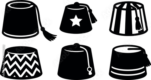 Flat design six fez hat vector icons black silhouette variations tassel star stripe chevron side view top view isolated set collection