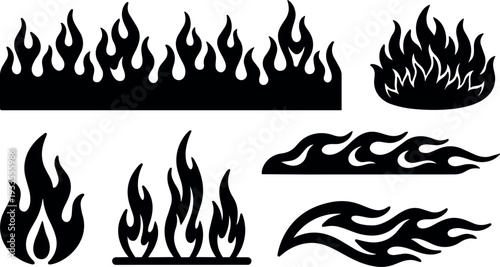 Flat design stylized flame vector set showing multiple flame borders badges and fire icons in black silhouette horizontal stacked isolated