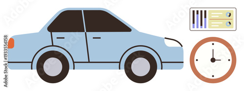 Transportation, driving, car rental, time, schedule planning, ID verification. Blue car next to a clock and a driver s license. Transportation and driving linked with schedule planning