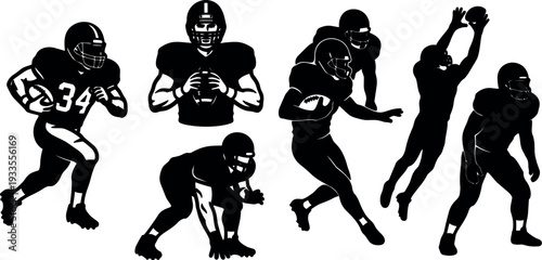 Flat design football player silhouettes showing running catching passing quarterback lineman and receiver action poses minimal bold on white background