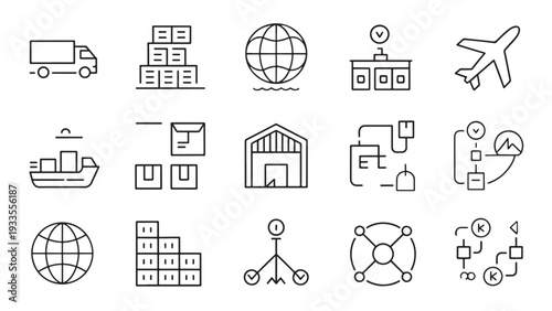 Logistics and supply chain icons collection in line style.