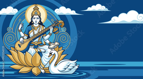 Beautiful Hindu Goddess Saraswati vector illustration sitting on lotus playing veena with swan on blue background banner for Vasant Panchami festival and religious greeting card.