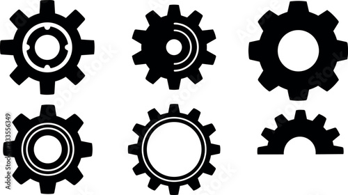 Flat design close up industrial gear icon set six black mechanical cog symbols isolated on white background top view simple