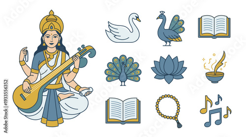 Hindu Goddess Saraswati vector color line icon set featuring swan, peacock, lotus, book, diya lamp, mala, and musical notes for Vasant Panchami festival religious design.