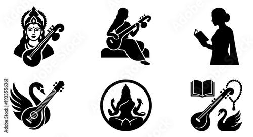 Saraswati Vector Black Silhouette Icons Hindu Goddess of Art Wisdom Music Veena Swan Book Education Religion Symbol Set