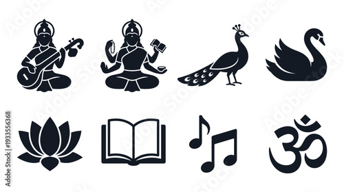 Saraswati Vector Icon Set with Hindu Goddess of Knowledge Elements Swan Peacock Lotus Book Om Musical Notes Silhouette Design