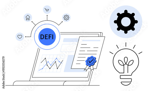 Decentralized finance concept. Decentralized finance by blockchain technology, smart contracts, and innovation icons. Decentralized finance empowering investments and fintech strategies. Usable